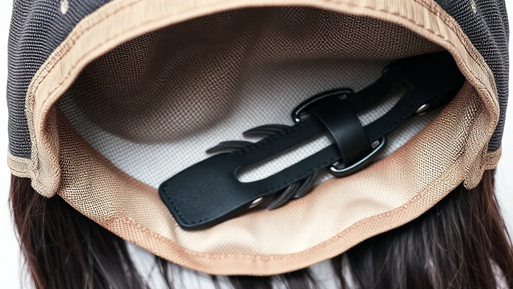 Close-up of the inside of a wig cap showing adjustable straps, combs, and lace for small head fit