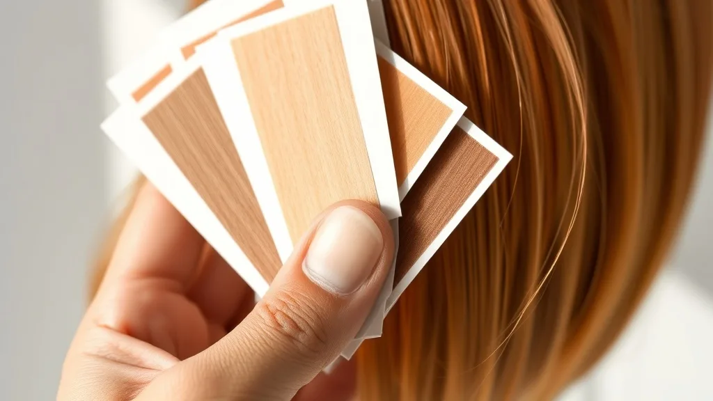 Close-up of wig color swatches in copper, auburn, and caramel held against warm skin