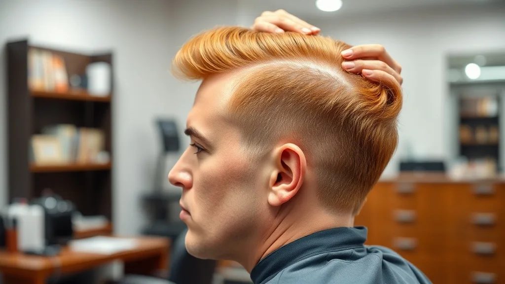 A man with warm skin tone having a warm auburn toupee carefully placed on his head