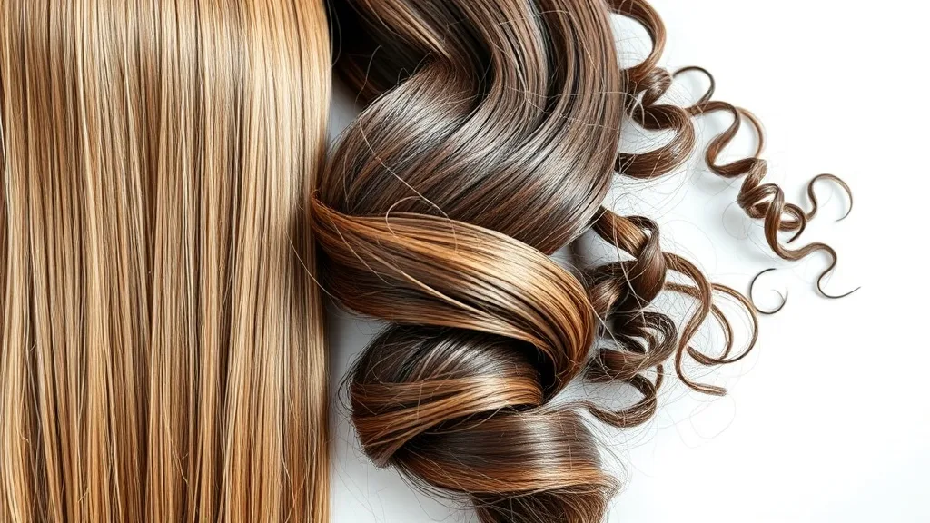 Close-up of three wig swatches showing straight, wavy, and curly textures on a neutral background