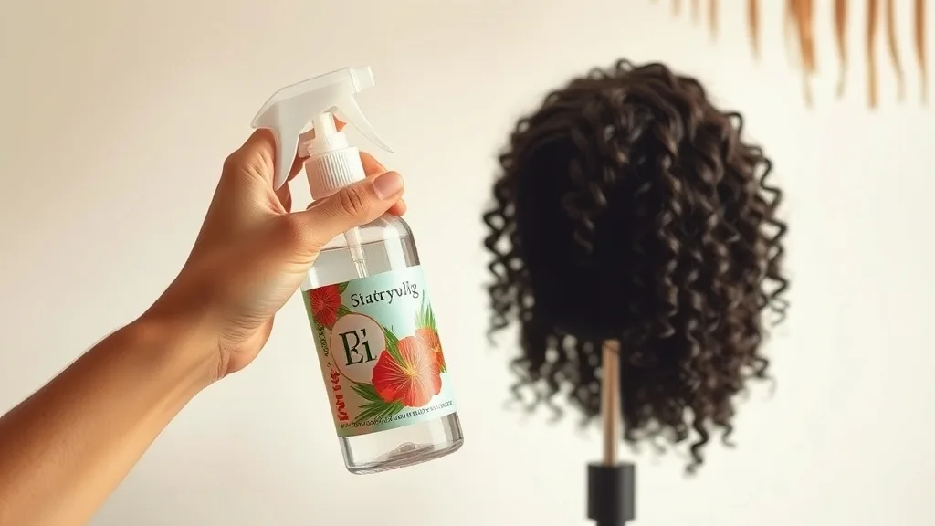 Applying scented wig spray to curled synthetic wig
