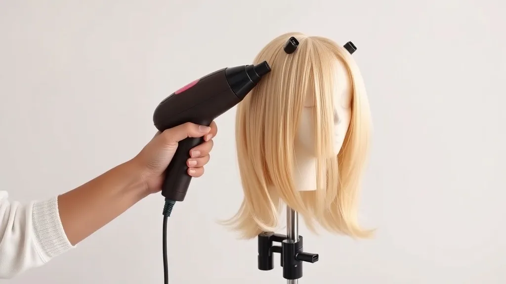 Woman carefully curling a synthetic wig on a stand using steam curlers
