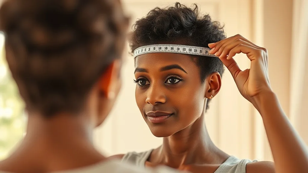 Woman using flexible measuring tape to measure her head circumference for a wig, tape positioned above ears and across forehead
