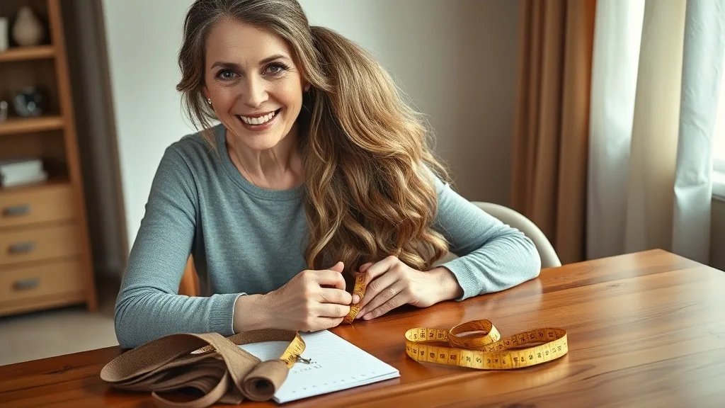 Woman holding a long wavy wig in her hands with a measuring tape on a nearby table