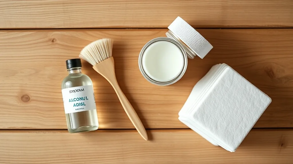 Bottles of isopropyl alcohol and coconut oil on a wooden table beside a wig brush and cotton rounds