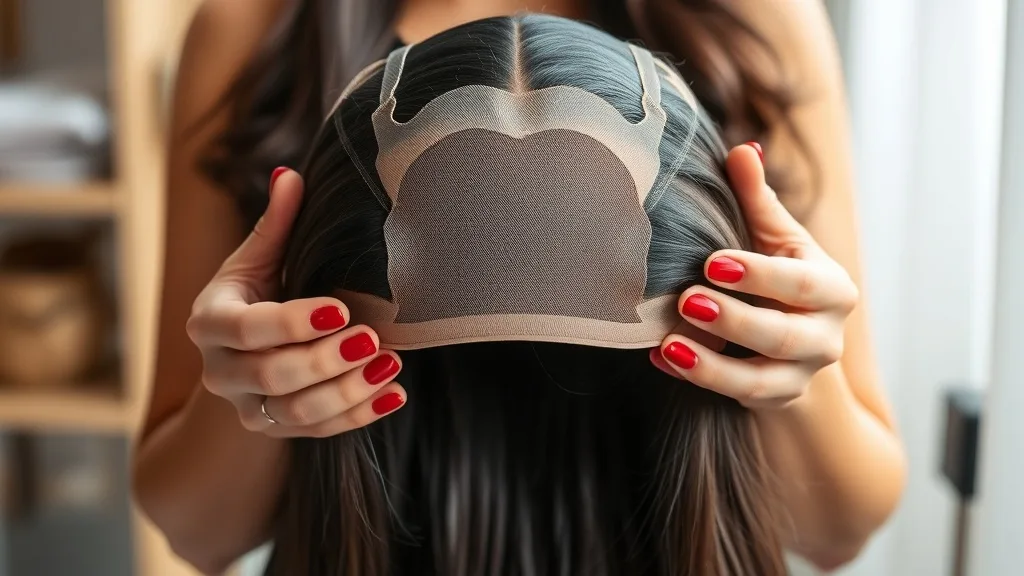 Woman holding a clean wig lace showing no residue, with soft focus background