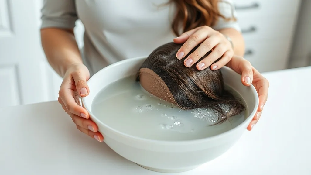 A synthetic wig soaking in a bowl of water with fabric softener