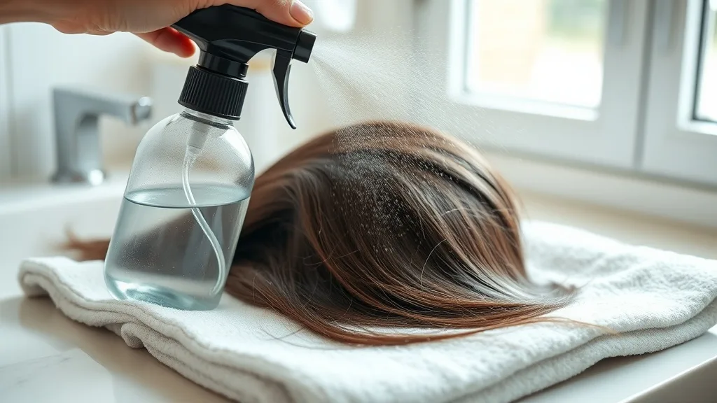 A spray bottle misting conditioner mixture onto a synthetic wig