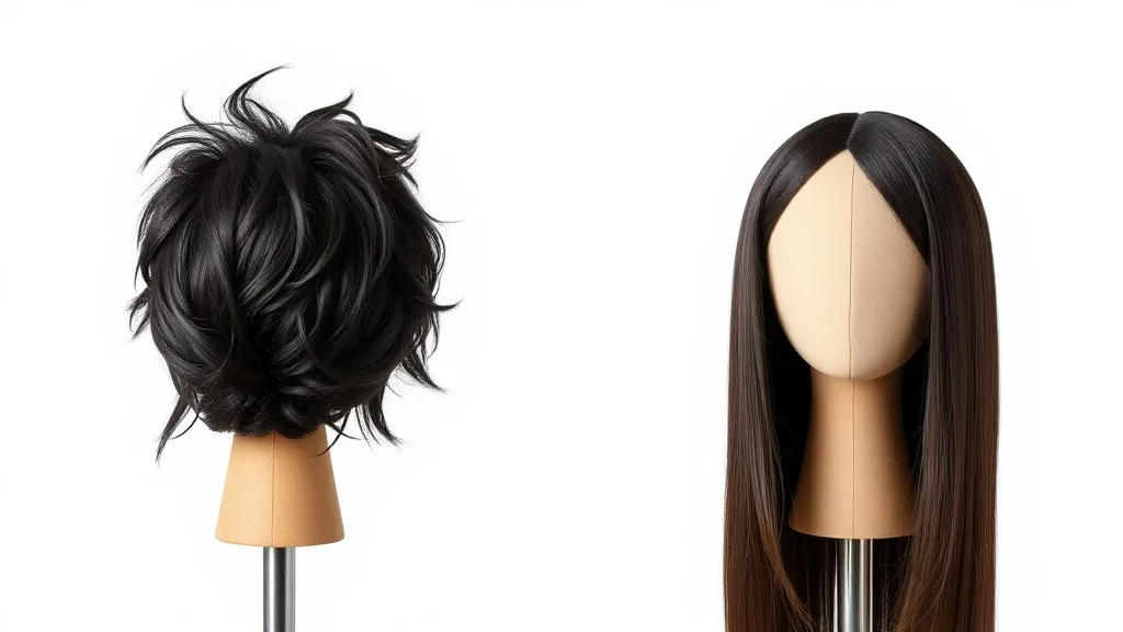 Comparison of a stiff synthetic wig and a softened synthetic wig on stands