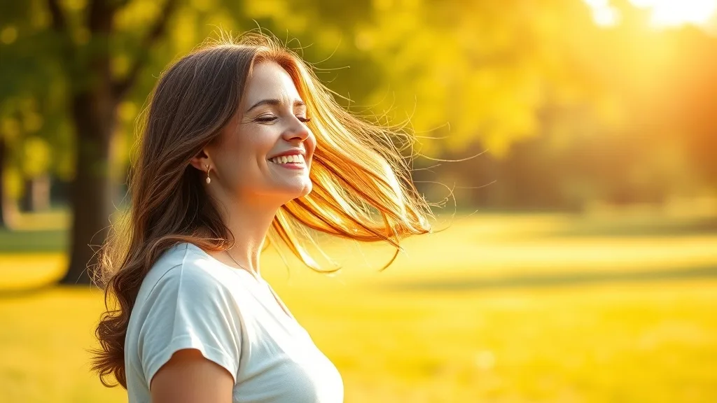 A woman in a park with her eyes closed smiling as wind blows through her human hair wig, emphasizing breathability