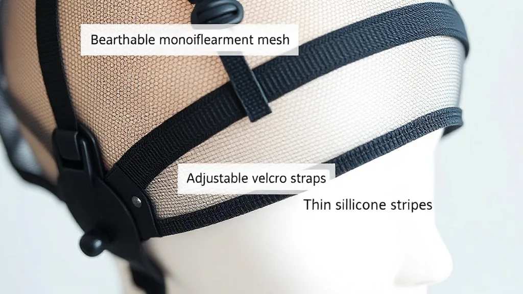 Close-up of a modern wig cap featuring breathable mesh, adjustable straps, and silicone grips