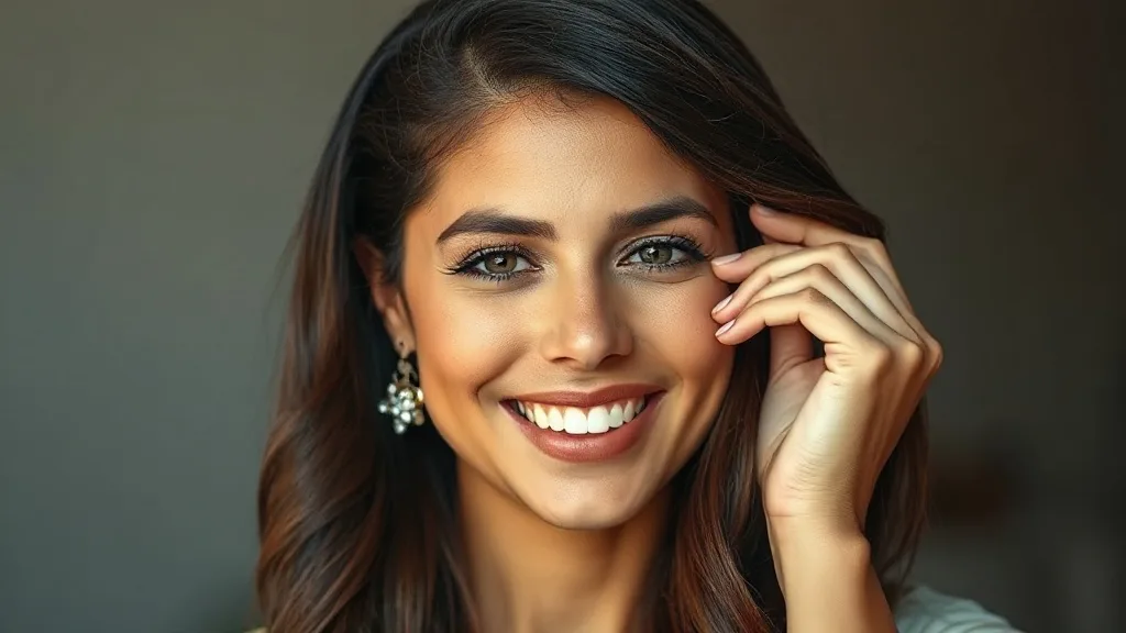 Woman smiling while gently adjusting her wig for a comfortable fit