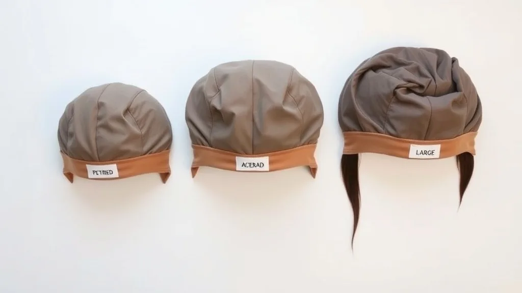 Three different wig caps labeled petite, average, and large side by side