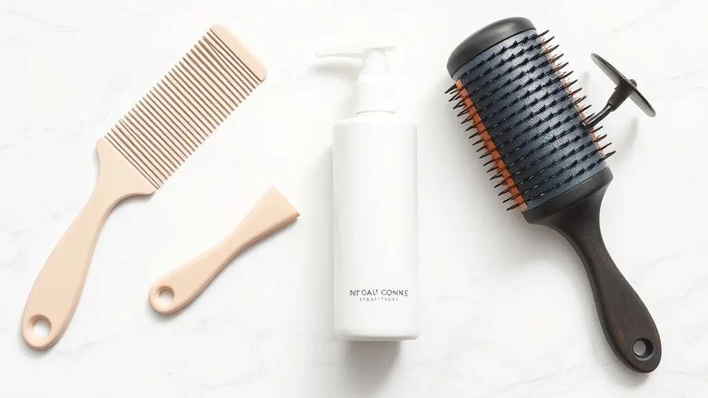 A wig brush, wide-tooth comb, and silicone conditioner on a vanity table.