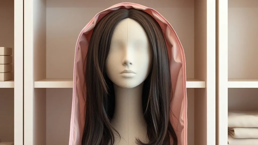 A wig on a stand inside a silk storage bag, placed on a shelf