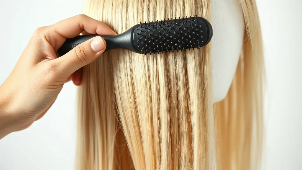 Woman brushing a long wig with a loop brush from ends to roots on a mannequin head