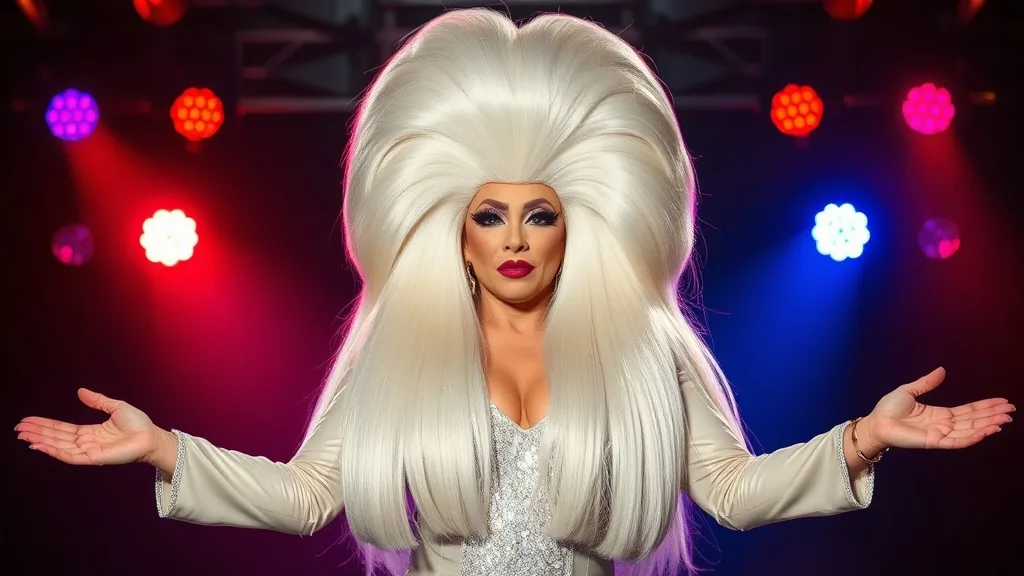 Drag queen wig stylist Lori Lewis wearing a large, untangled platinum blonde wig on a colorful stage