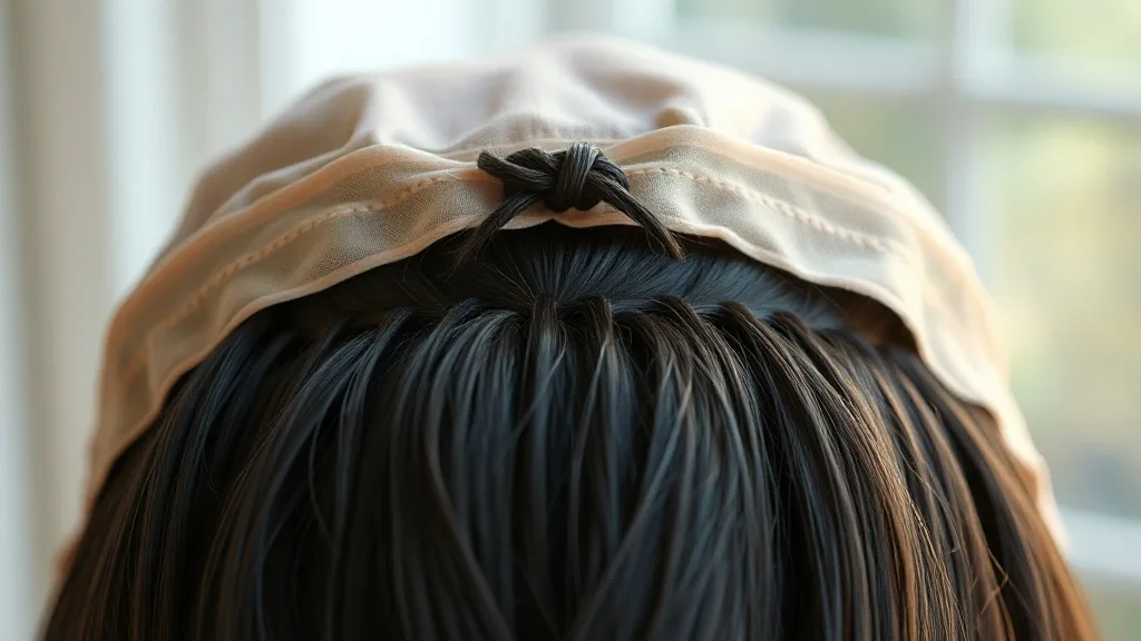 Close-up of a hand-tied wig cap showing individual knots on a lace base