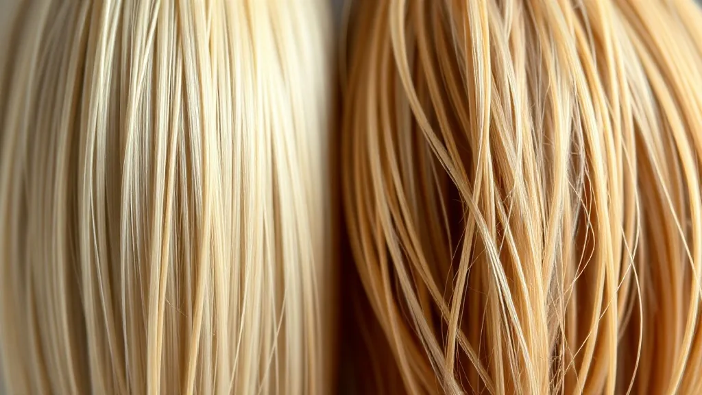 Close-up comparison of aligned synthetic fibers and tangled human hair fibers