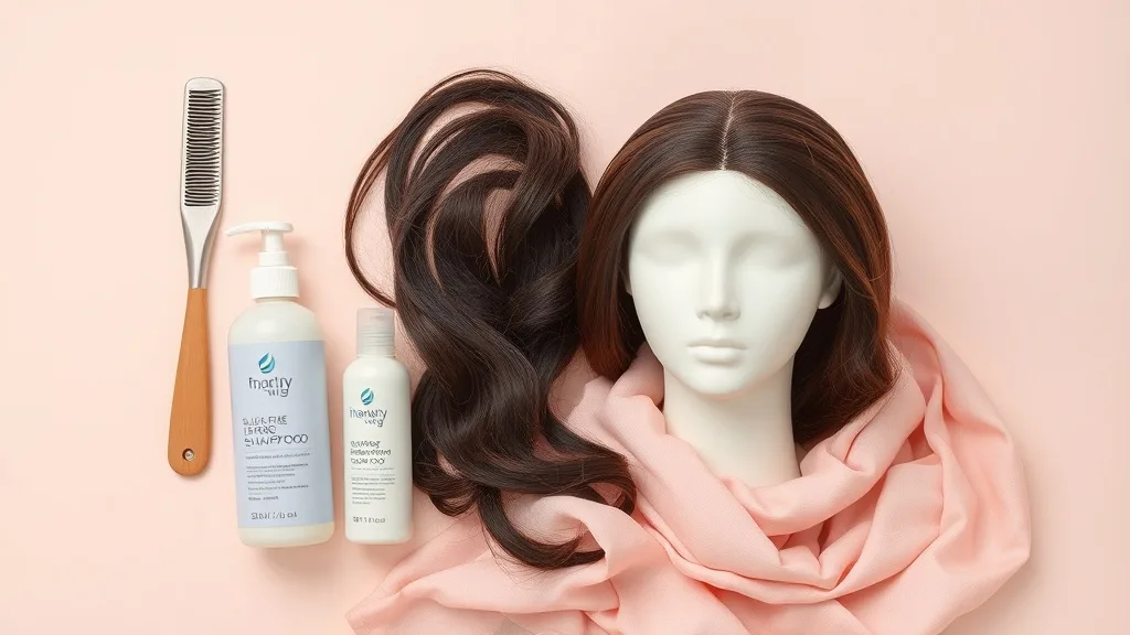 Wig care supplies including a wide-tooth comb, sulfate-free shampoo, and conditioner on a table next to a mannequin with a T-part wig