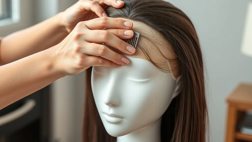 Wig artist's hands styling a T-part wig on a mannequin, using a tail comb to create a side part