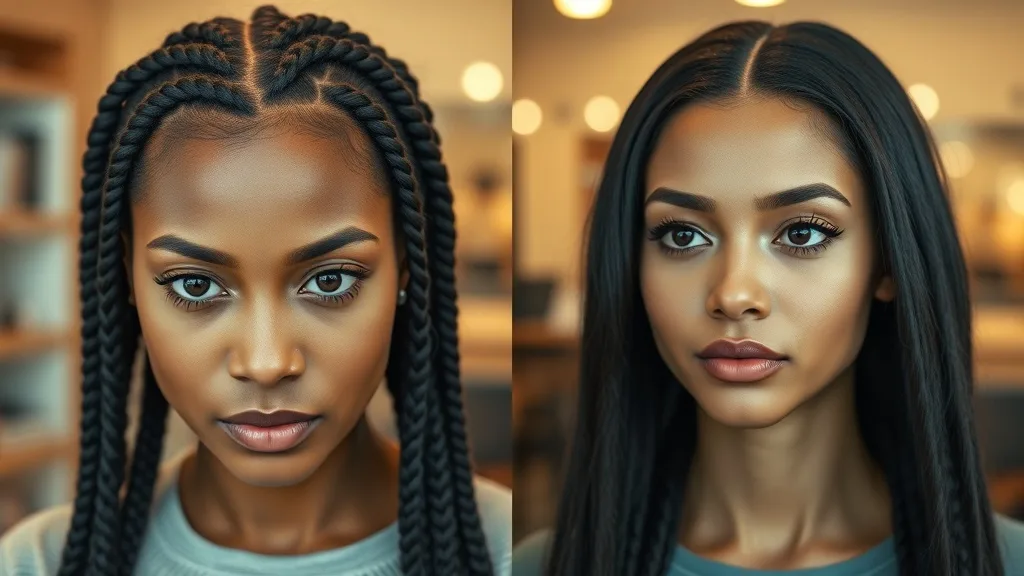 Side-by-side comparison of a woman with tight braids showing tension at the hairline and a woman wearing a wig with a visible lace front, with warm educational lighting
