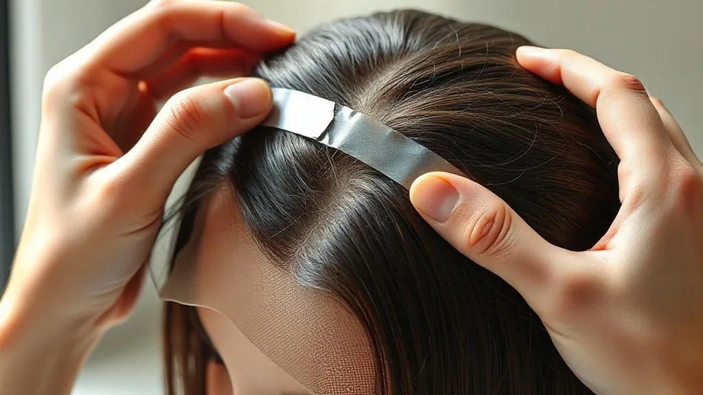 Close-up of hands applying a strip of wig tape along a clean, dry hairline with a wig nearby