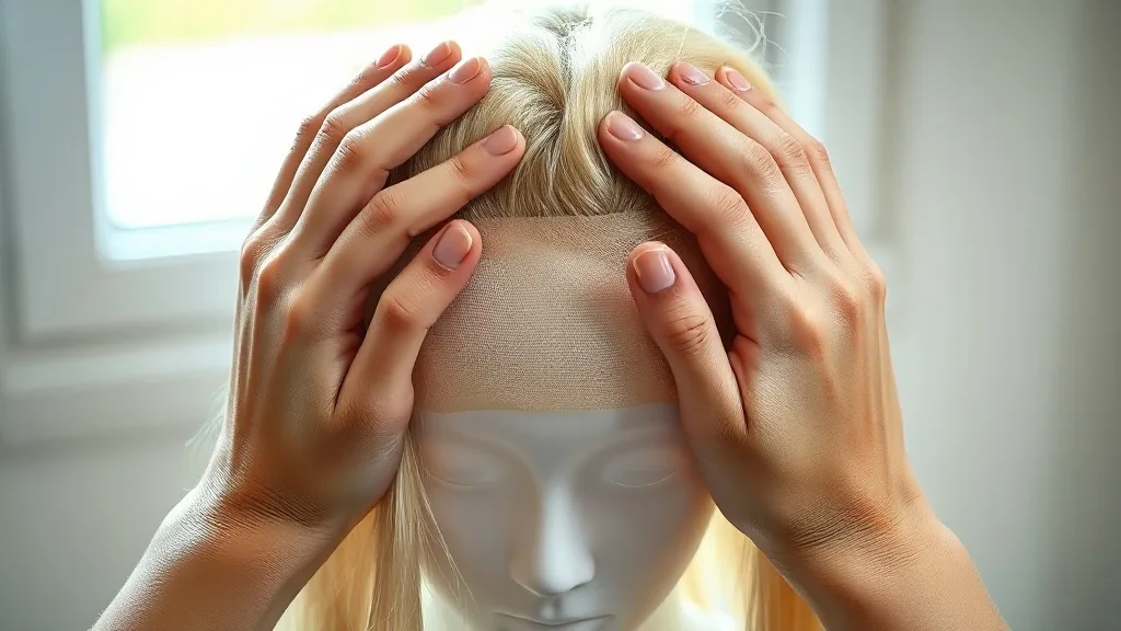 Hands pressing the front edge of a wig onto the taped hairline to secure it
