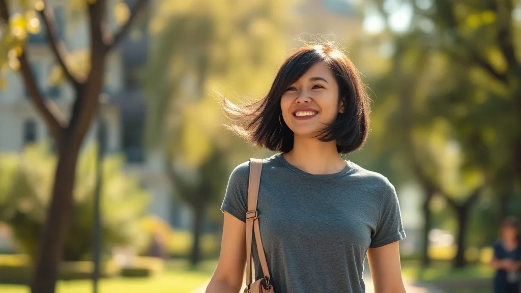 A woman wearing a stylish short wig, smiling outdoors in a park