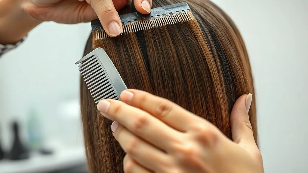 Close-up of hands blending a hair topper with natural hair using a comb