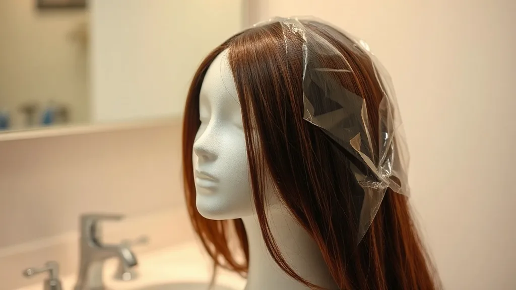 A human hair wig on a stand covered in dye and wrapped in clear plastic wrap