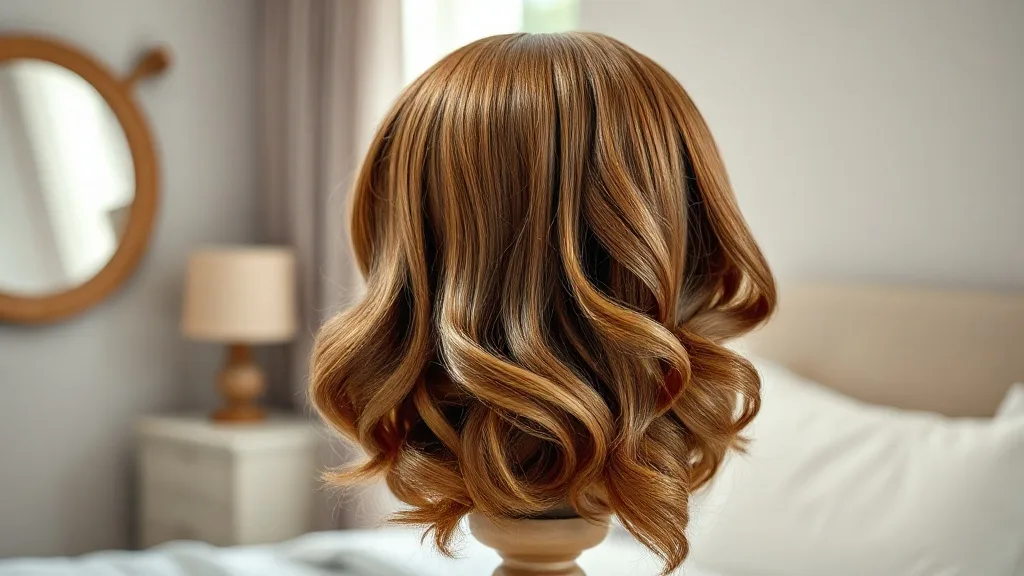 A finished colored human hair wig with rich brown tones, styled in loose waves on a stand