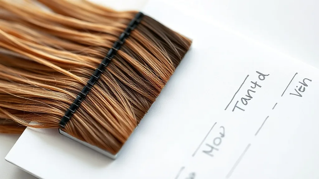 Close-up of a strand test with a labeled hair swatch showing original and dyed color