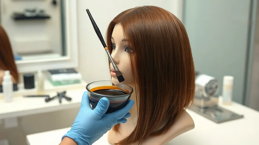 A person wearing gloves applies hair dye to a human hair wig on a stand