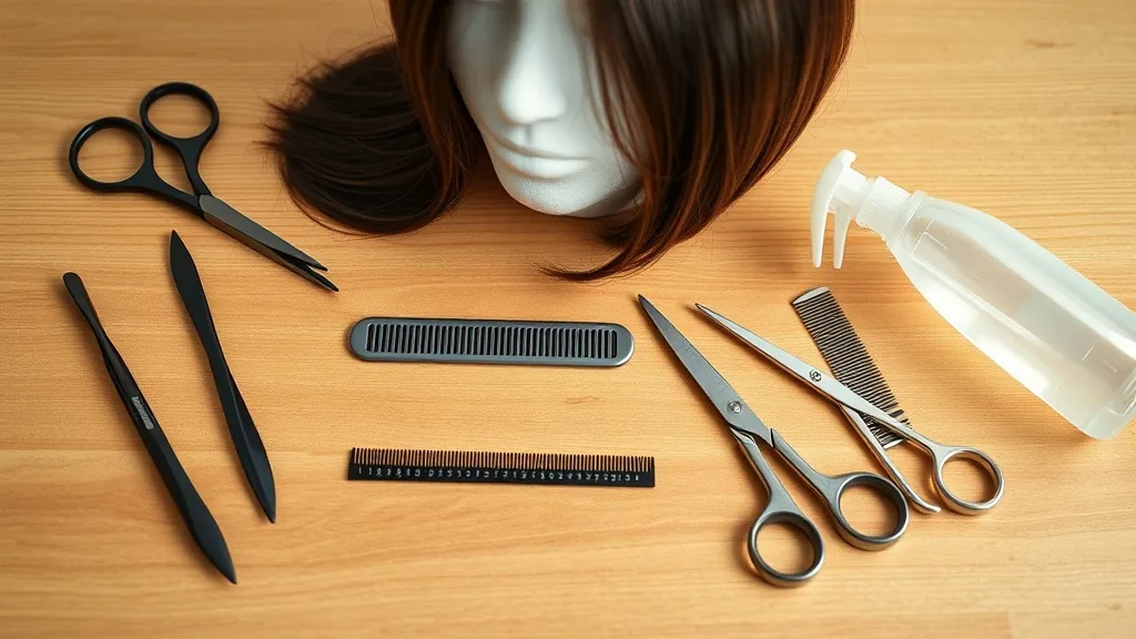Close-up of tweezers, comb, and scissors on a wig stand