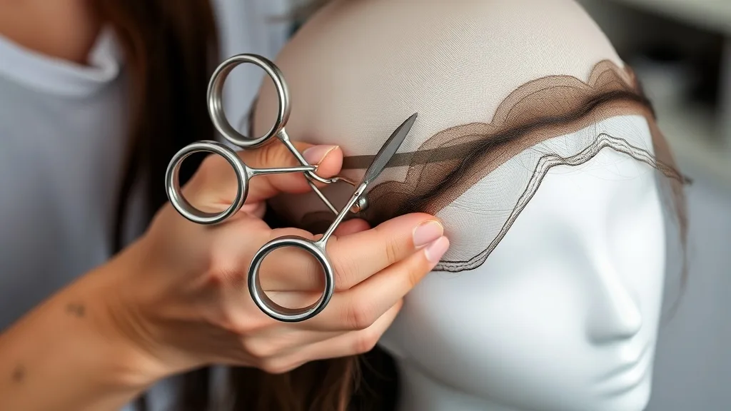Woman trimming the excess lace from a wig with small curved scissors