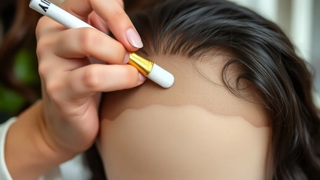 Close-up of a woman applying adhesive to the lace edge of a wig