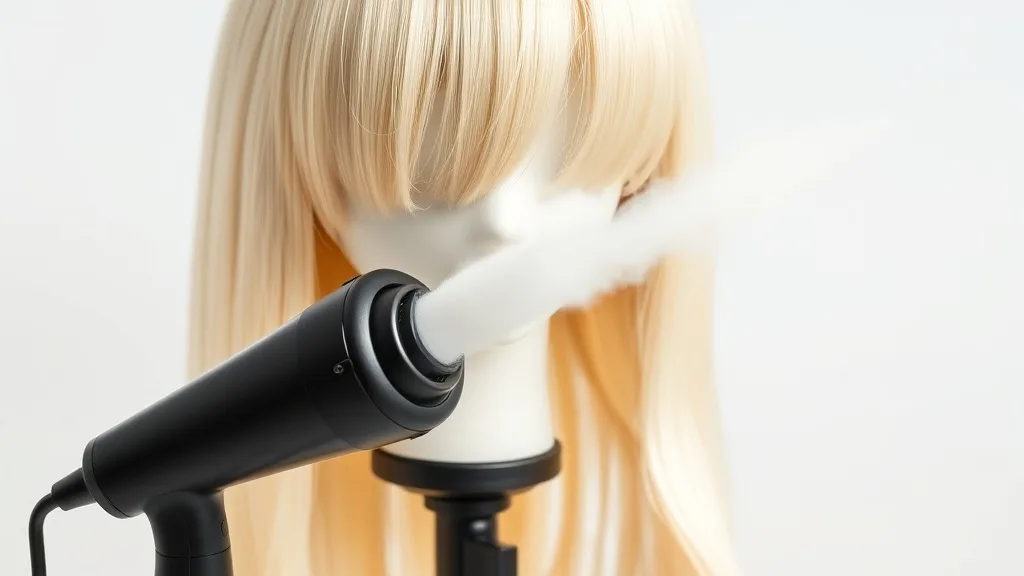 A synthetic wig on a stand being gently steamed with a handheld wig steamer, with steam rising