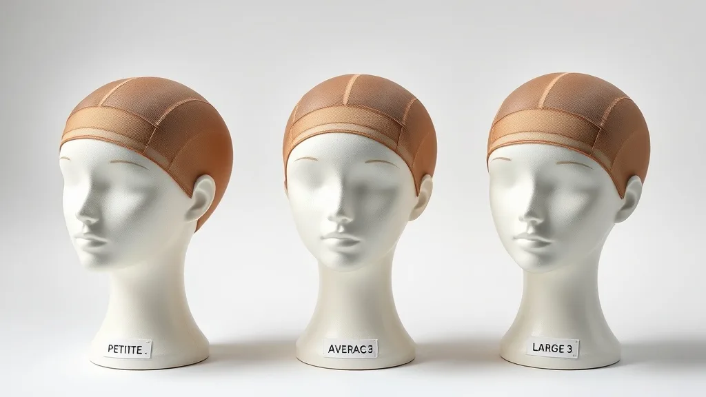 Illustration showing three different wig caps labeled petite, average, and large on mannequin heads of varying sizes