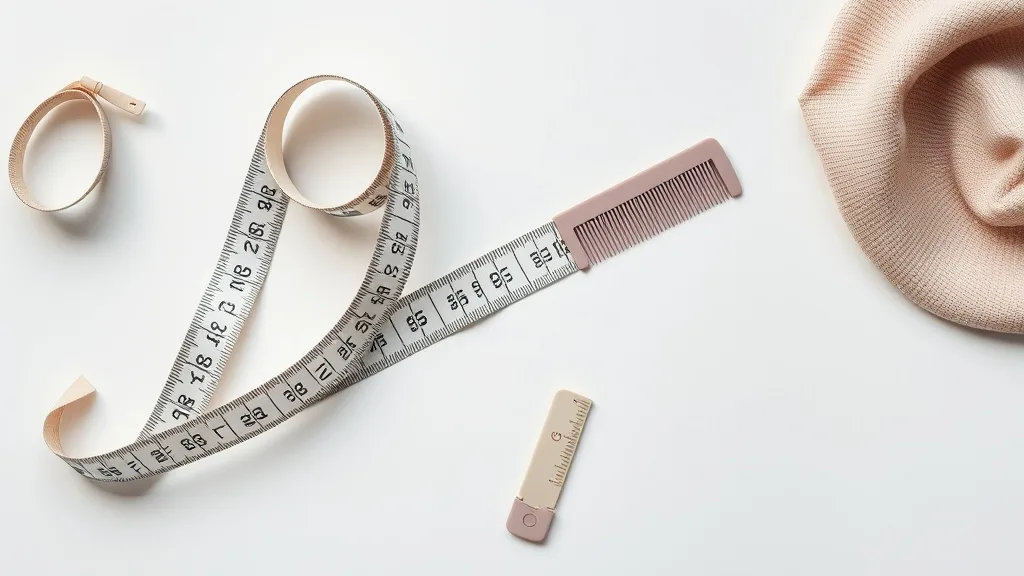 Flat lay of a soft measuring tape, comb, and wig cap on a table