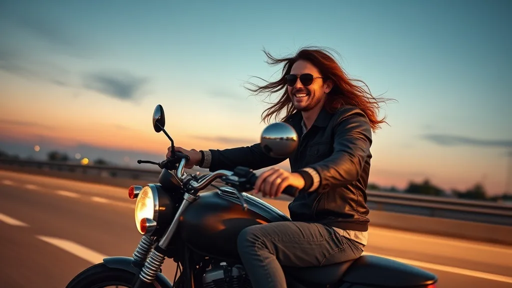 A biker riding on a highway at speed, wearing a wig that stays perfectly in place.