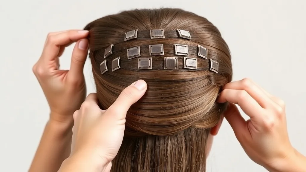 Hands placing a hair topper on a head, showing the clips and base.