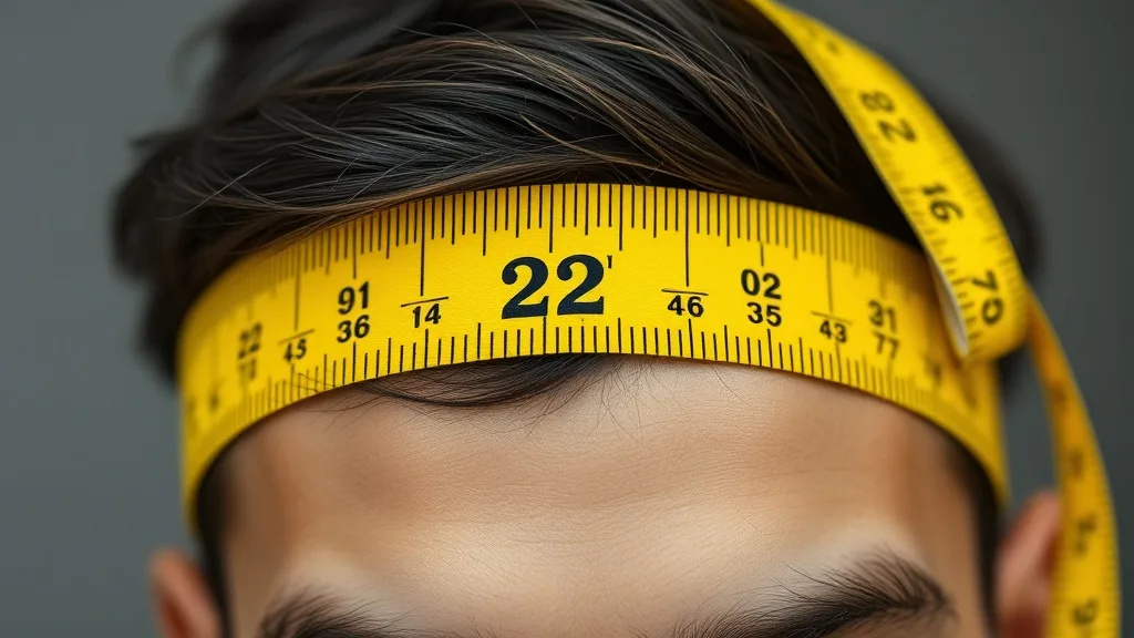 Close-up view of a cloth tape measure wrapped around a head, showing the measurement at the crown.