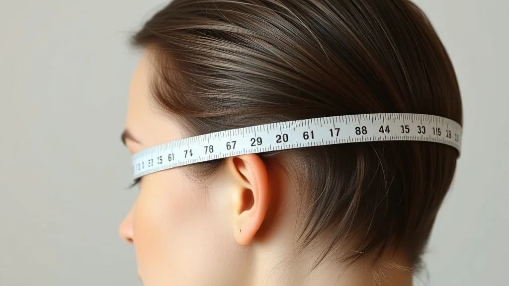 Measuring tape running from the forehead hairline over the crown to the nape of the neck