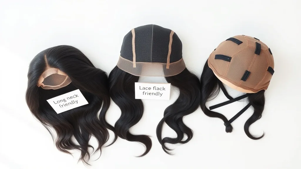 Three different wig cap bases including lace front, full lace, and capless, shown with labels for long neck suitability