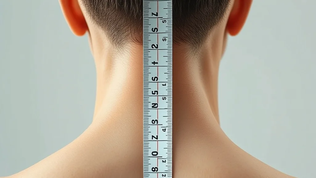 Close-up of a measuring tape on the nape of a neck showing extra length needed for a long neck