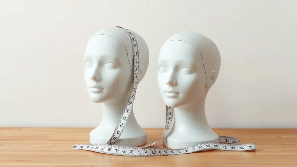 Two wig blocks showing different sizes with a measuring tape