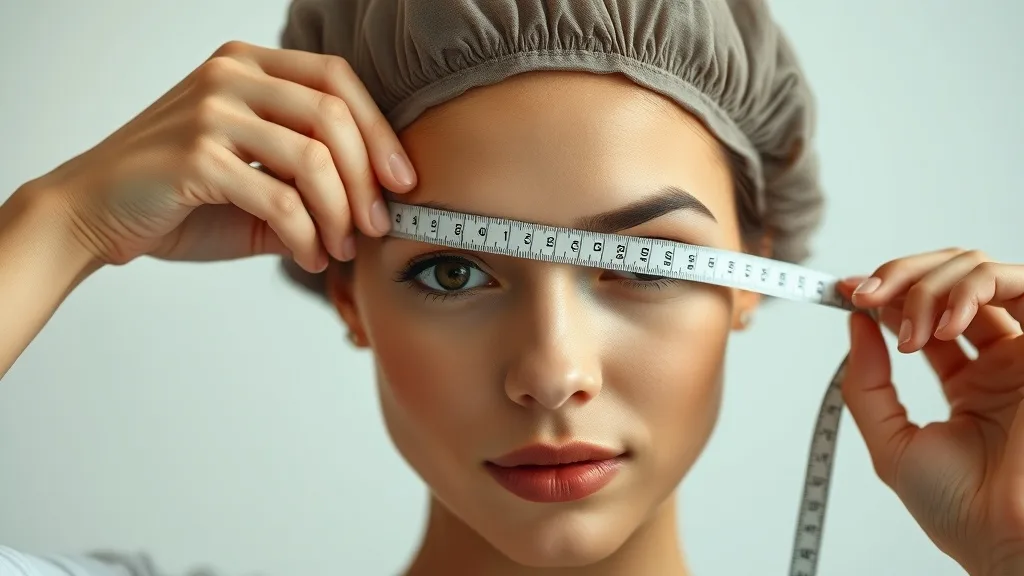 Woman with wig cap on gently placing a flexible tape measure around her forehead above eyebrows