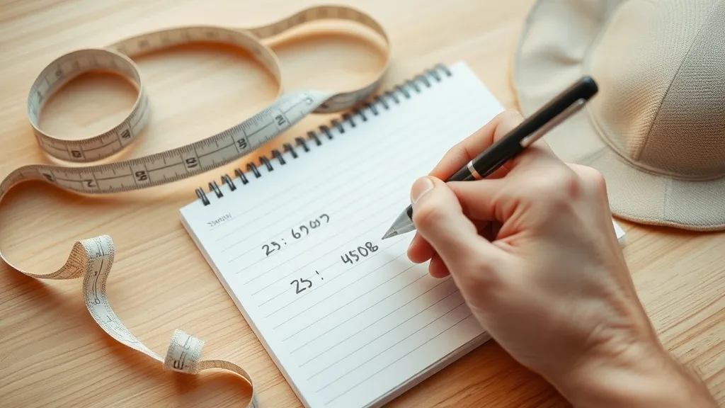 A person writing down head circumference numbers on a notepad next to a measuring tape and wig cap