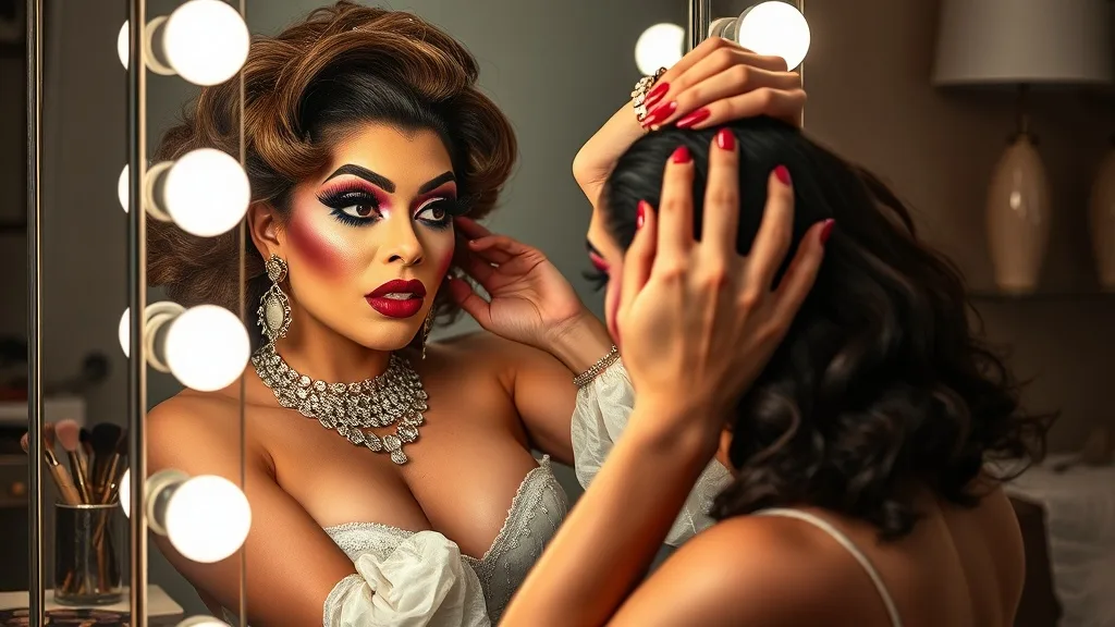 A drag queen with elaborate makeup adjusting a lace front closure wig on her head while looking in a mirror